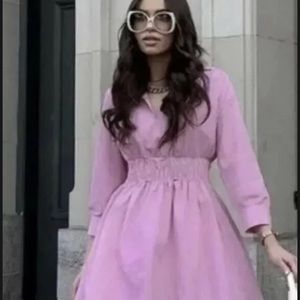 ZARA Poplin Cotton Short Dress Pink Gathered Waist Smocked M